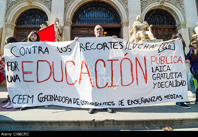 Protesters during a demonstration against cuts on public education services in central Saragossa, Spain